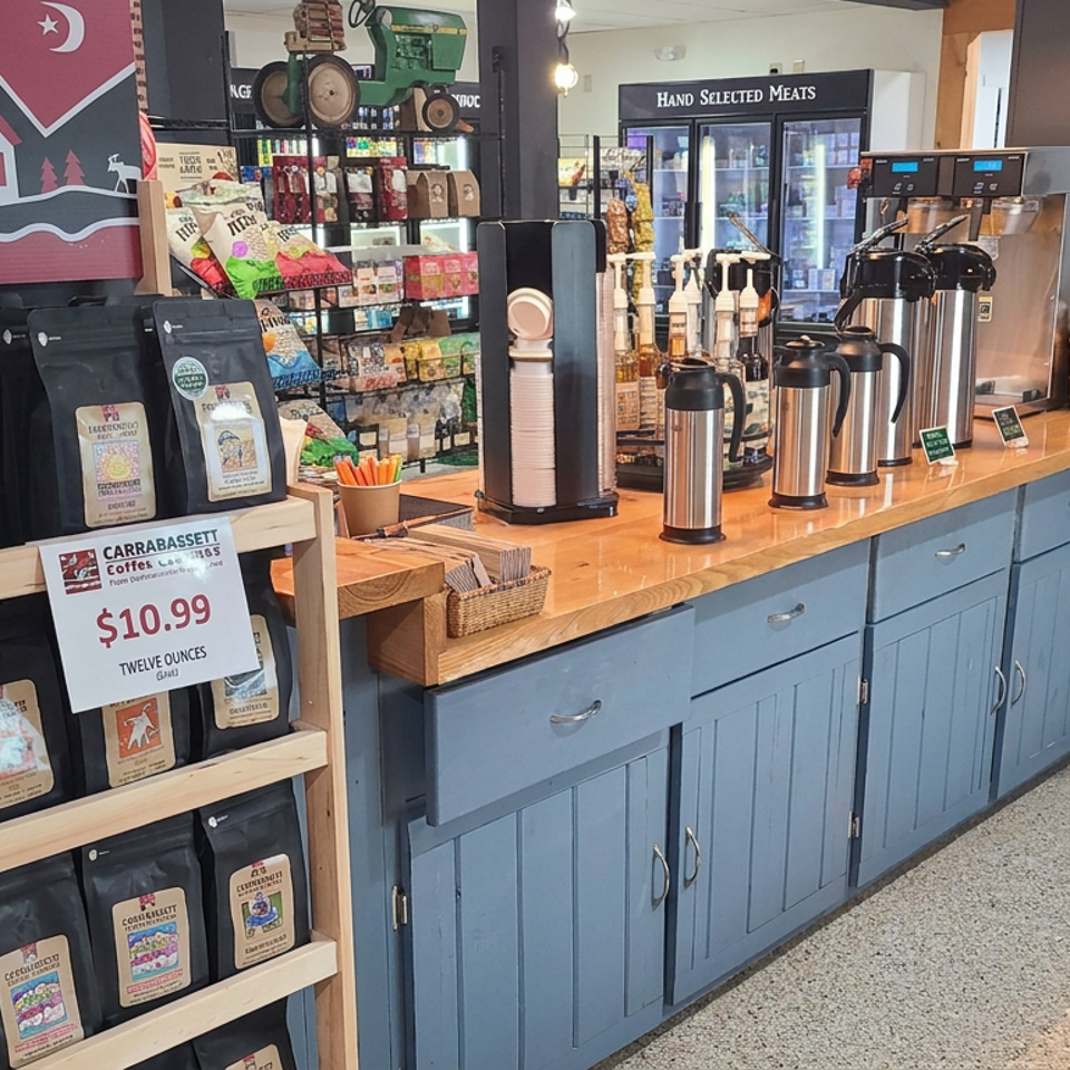 Country store coffee station with coffee bags, hot beverage dispensers, snacks, refrigerators, and hand-selected meats display.