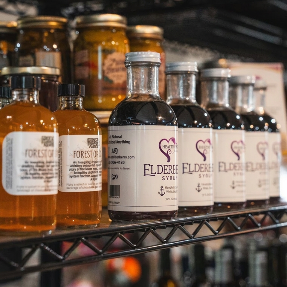 Rows of amber and dark bottled herbal tinctures displayed on a metal shelf in a warmly lit shop.