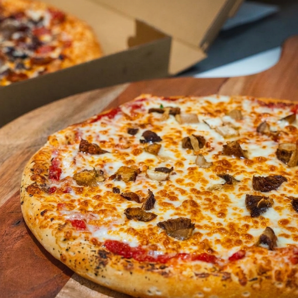 Cheesy mushroom pizza with tomato sauce sits on a wooden serving board beside an open pizza box.