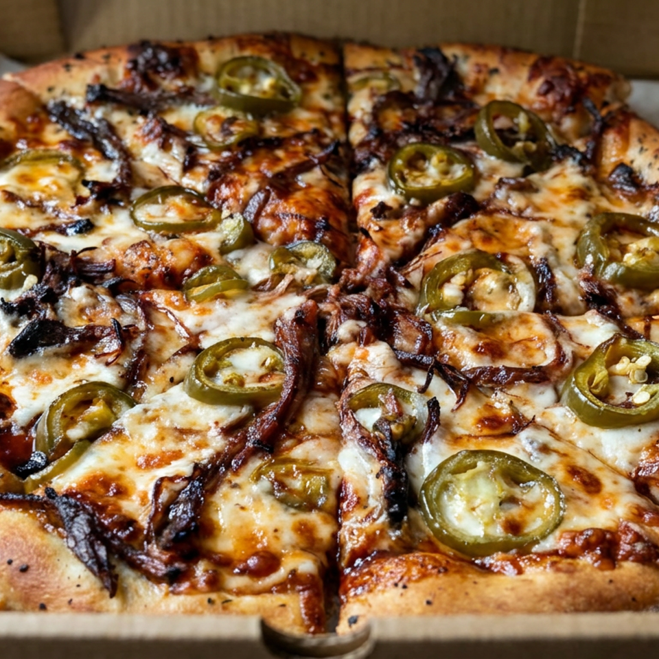 Sliced wood-fired pizza topped with melted cheese, jalapeños, caramelized onions, and barbecue-style meat in a cardboard box.