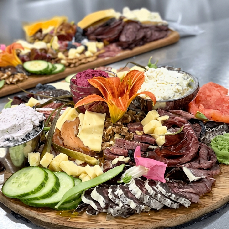 Gourmet charcuterie boards with assorted cured meats, cheeses, dips, nuts, fruit, vegetables, and edible flowers on a stainless-steel counter.