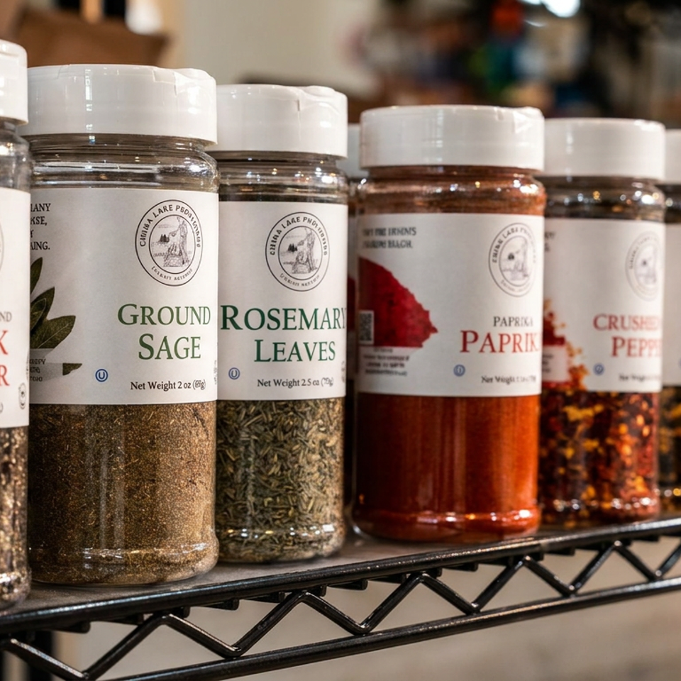 Rows of labeled spice jars, including black pepper, ground sage, rosemary, paprika, crushed pepper, and other seasonings, sit on a metal shelf.