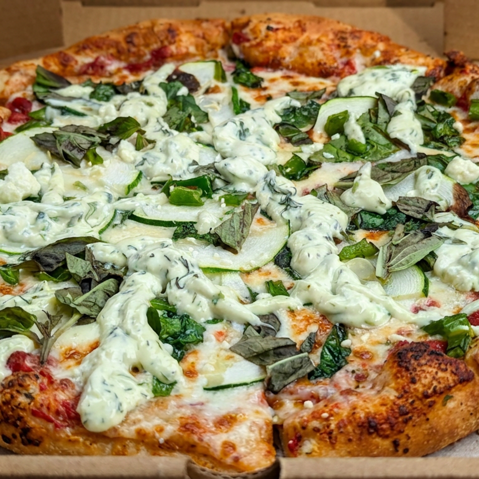 Freshly baked pizza topped with zucchini, leafy greens, herbs, and creamy white sauce in a cardboard delivery box.
