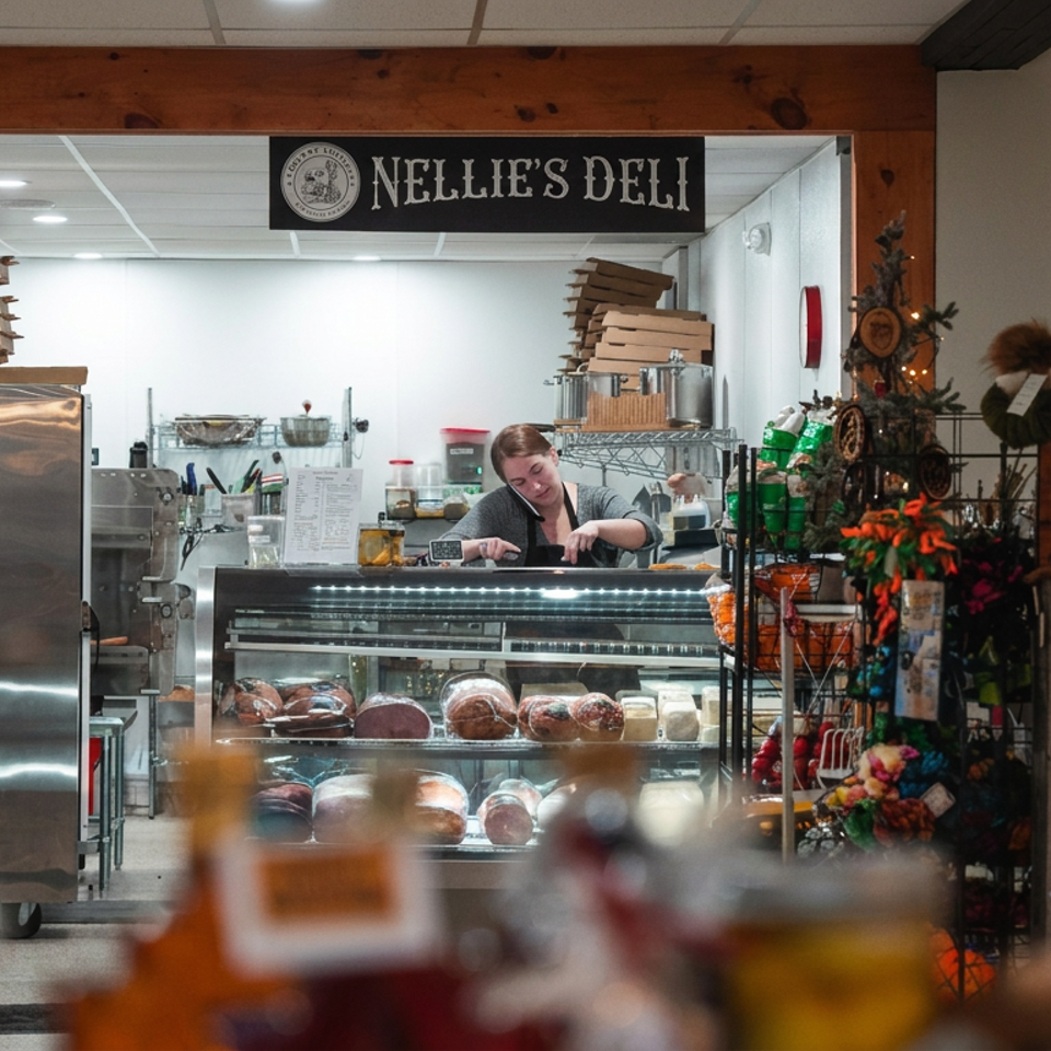 Nellie's Deli counter displays fresh breads and pastries while an employee prepares food behind the glass case.