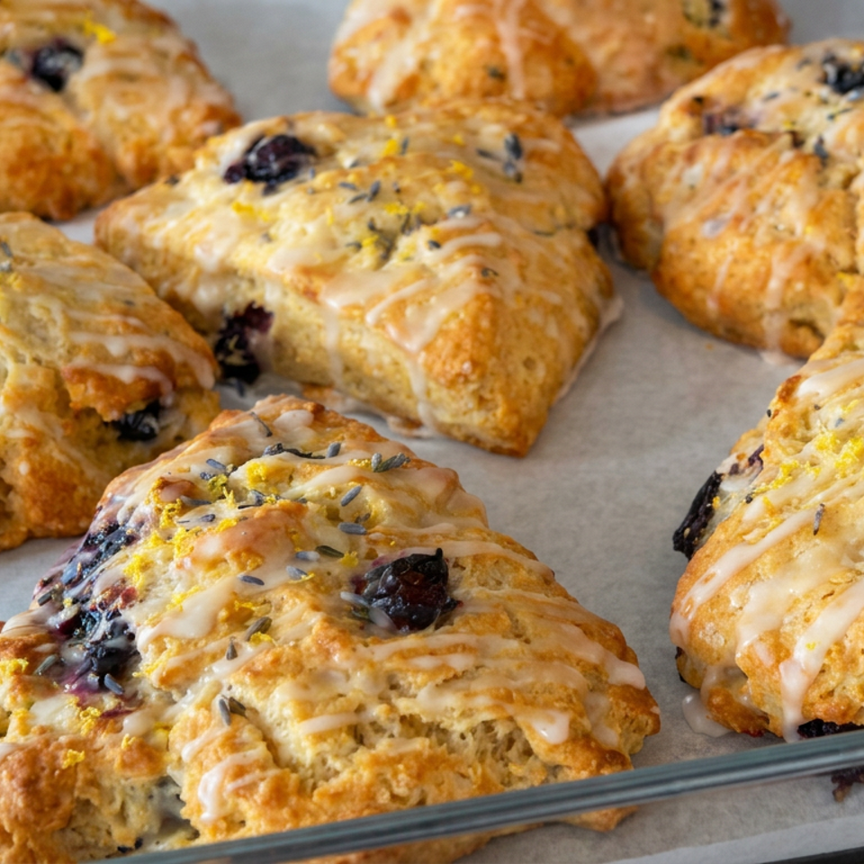 Golden blueberry scones drizzled with lemon glaze and sprinkled with lavender and lemon zest on a baking tray.