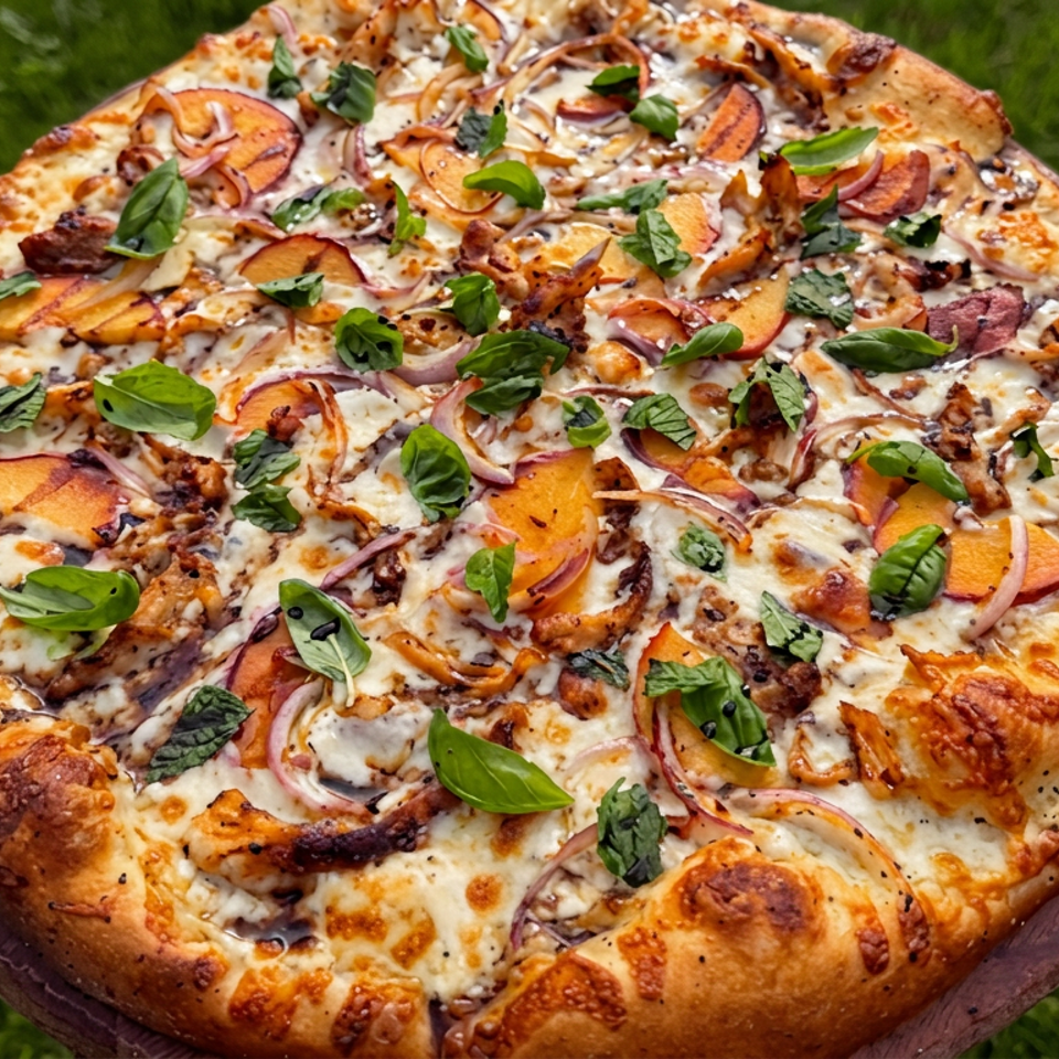 Round gourmet pizza topped with melted cheese, roasted vegetables, red onion, herbs, and crispy meat on a wooden board outdoors.