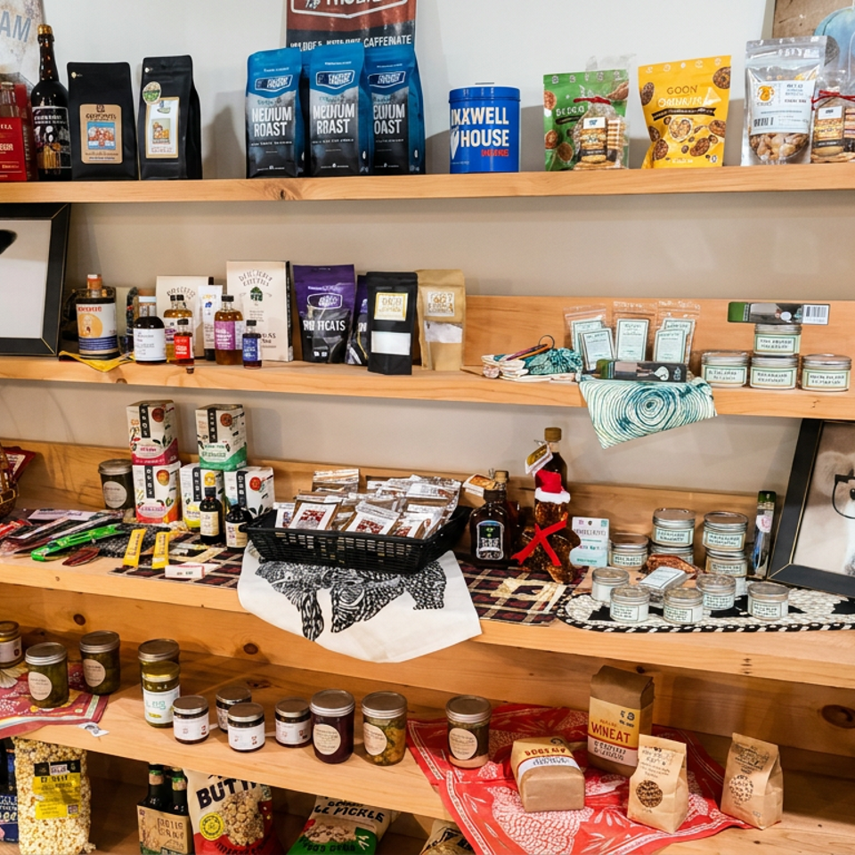 Wooden shelves display coffee, snacks, sauces, preserves, baked goods, and colorful packaged products in a restaurant marketplace.